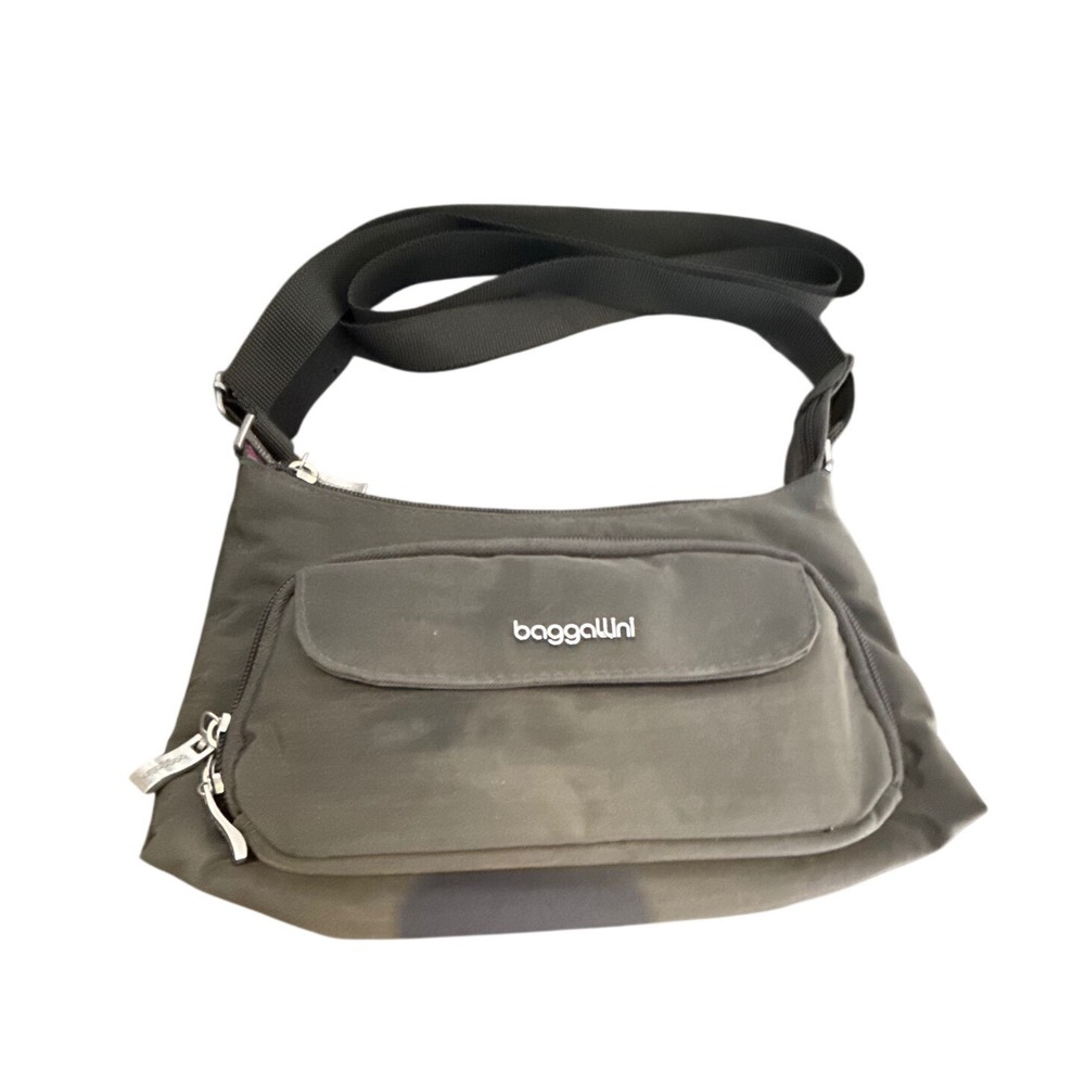 Baggallini Charcoal Gray Nylon Crossbody Bag Purple Lining Adjustable Strap